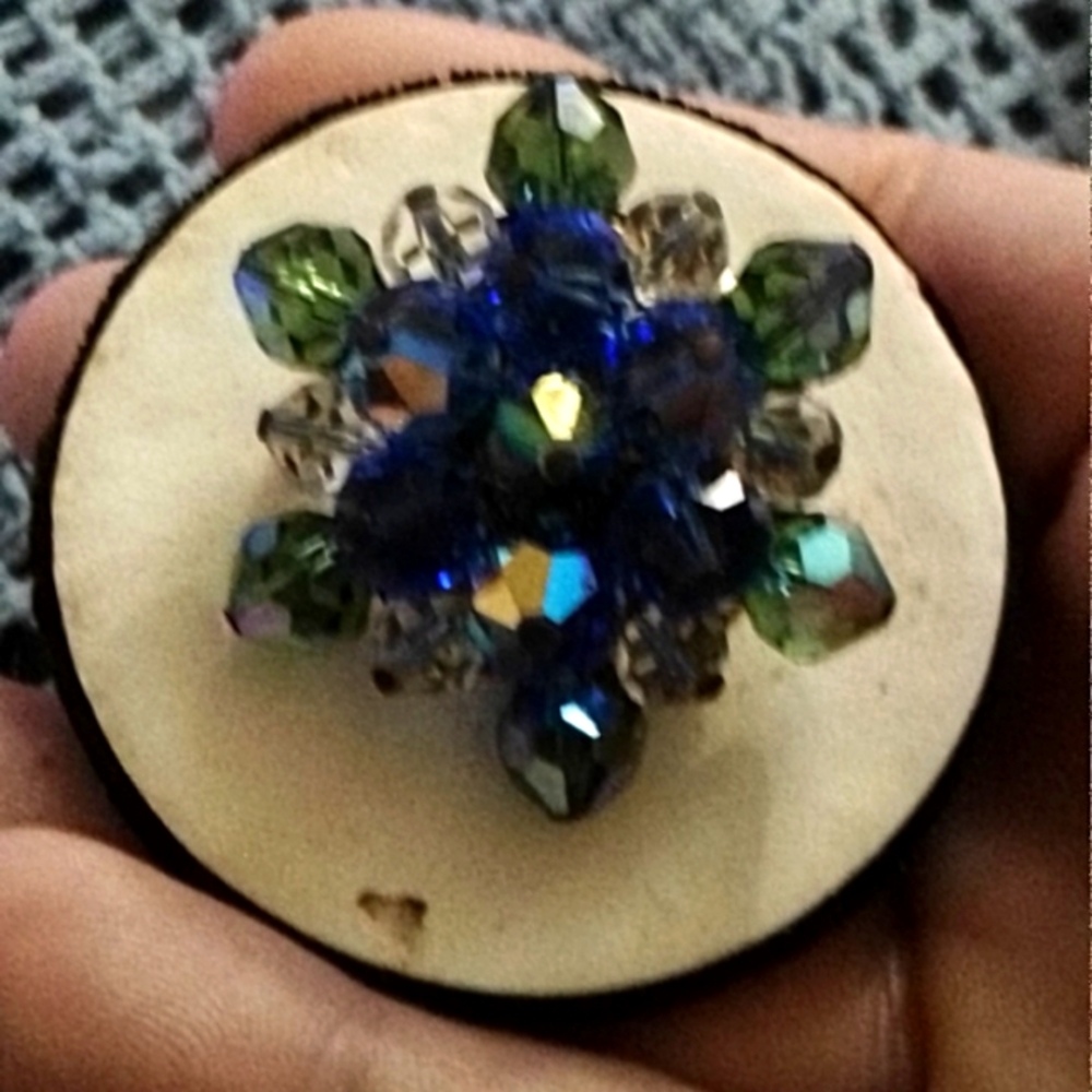 Vintage Japan Marked AB Crystals Blue Green cluster brooch